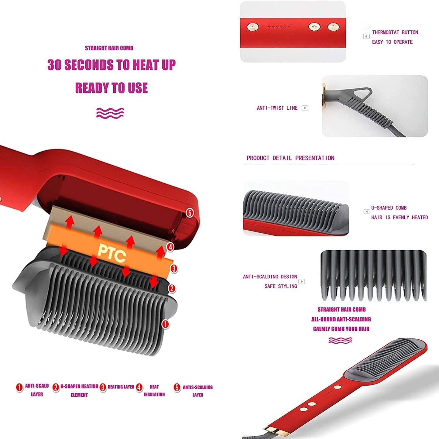 Hair Straightener Iron Brush Straight Hair Comb 2-in-1 Hair Straightener Curling Professional Styling Brush Hair Curler & Straightener For Women (random Color)