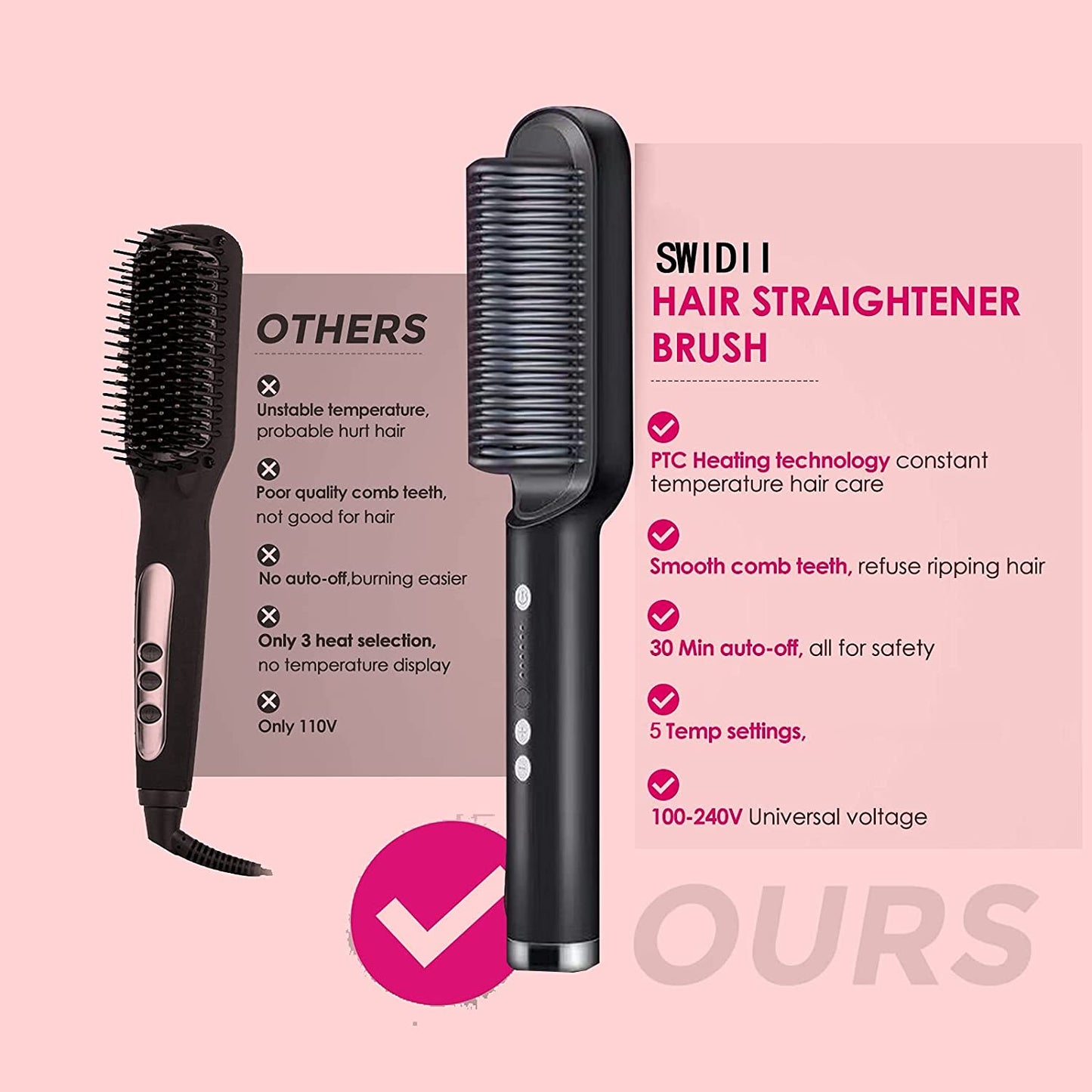 Hair Straightener Iron Brush Straight Hair Comb 2-in-1 Hair Straightener Curling Professional Styling Brush Hair Curler & Straightener For Women (random Color)